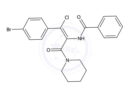 Chemical structure of (Z)-N-(1-(4-Bromophenyl)-1-chloro-3-oxo-3-(piperidin-1-yl)prop-1-en-2-yl)benzamide