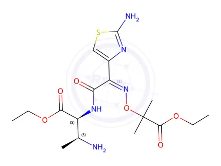 Chemical structure of Ethyl (2S,3S)-3-amino-2-((Z)-2-(2-aminothiazol-4-yl)-2-(((1-ethoxy-2-methyl-1-oxopropan-2-yl)oxy)imino)acetamido)butanoate