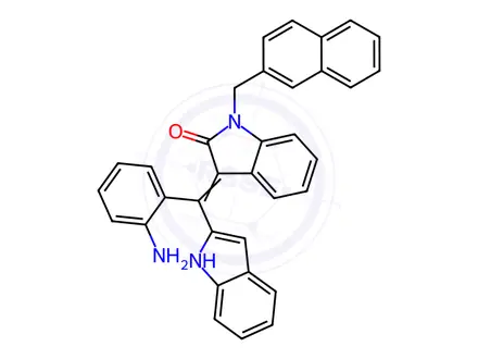 Chemical structure of (Z)-3-((2-Aminophenyl)(1H-indol-2-yl)methylene)-1-(naphthalen-2-ylmethyl)indolin-2-one