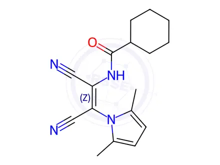 Chemical structure of N-[(1Z)-1,2-Dicyano-2-(2,5-dimethyl-1H-pyrrol-1-yl)eth-1-en-1-yl]cyclohexanecarboxamide