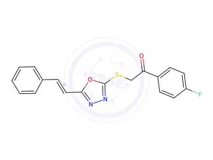 Chemical structure of (E)-1-(4-fluorophenyl)-2-((5-styryl-1,3,4-oxadiazol-2-yl)thio)ethan-1-one