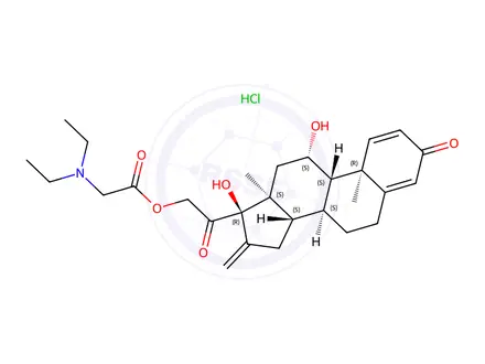 Chemical structure of (11beta)-11,17-dihydroxy-16-methylene-3,20-dioxopregna-1,4-dien-21-yl N,N-diethylaminoacetate hydrochloride