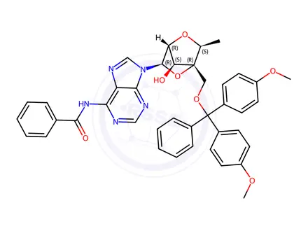 Chemical structure of Benzamide, N-[9-[2,5-anhydro-4-C-[[bis(4-methoxyphenyl)phenylmethoxy]methyl]-6-deoxy-α-L-mannofuranosyl]-9H-purin-6-yl]-
