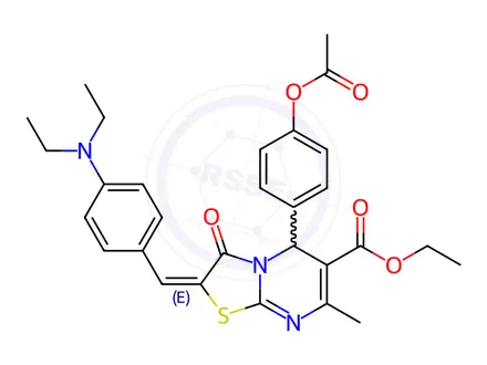 Chemical structure of Ethyl 5-(4-acetoxyphenyl)-2-(4-(diethylamino)benzylidene)-7-methyl-3-oxo-3,5-dihydro-2H-thiazolo[3,2-a]pyrimidine-6-carboxylate