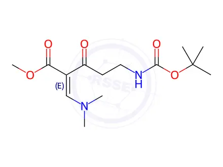Chemical structure of (E)-Methyl 5-((tert-butoxycarbonyl)amino)-2-((dimethylamino)methylene)-3-oxopentanoate