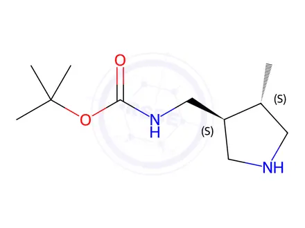 Chemical structure of Carbamic acid, [[(3R,4R)-4-methyl-3-pyrrolidinyl]methyl]-, 1,1-dimethylethyl