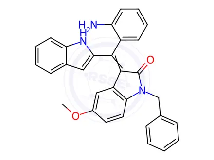 Chemical structure of (Z)-3-((2-Aminophenyl)(1H-indol-2-yl)methylene)-1-benzyl-5-methoxyindolin-2-one
