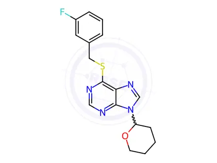 Chemical structure of 6-[(3-fluorophenyl)methylsulfanyl]-9-(oxan-2-yl)purine