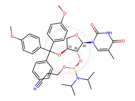 Chemical structure of 1-{2’-O-[(2-Cyanoethoxy)(diisopropyl amino)phosphino]-3’-O-[(4,4’-dimethoxytriphenyl)methyl]-?-L-threofuranosyl} thymine