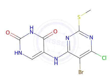 Chemical structure of 5-((5-Bromo-6-chloro-2-(methylthio)pyrimidin-4-yl)amino)pyrimidine-2,4(1H,3H)-dione