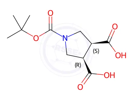 Chemical structure of (3S,4R)-1-(tert-butoxycarbonyl)pyrrolidine-3,4-dicarboxylic acid