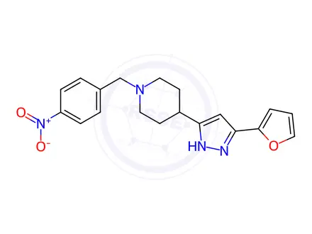 Chemical structure of 4-[5-(Furan-2-yl)-1H-pyrazol-3-yl]-1-[(4-nitrophenyl)methyl]piperidine