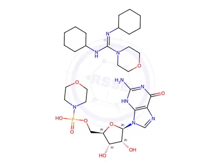 Chemical structure of Guanosine 5-monophosphomorpholidate 4-morpholine-N,N-dicyclohexylcarboxamidine salt ~95%