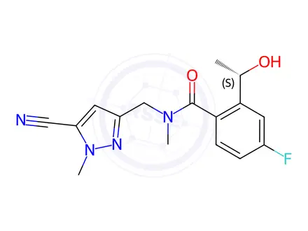 Chemical structure of (S)-N-((5-Cyano-1-methyl-1H-pyrazol-3-yl)methyl)-4fluoro-2-(1-hydroxyethyl)-N-methylbenzamide