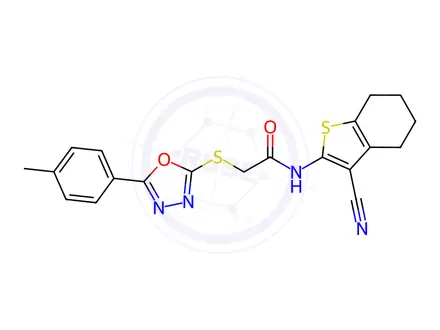 Chemical structure of N-(3-cyano-4,5,6,7-tetrahydrobenzo[b]thiophen-2-yl)-2-((5-(p-tolyl)-1,3,4-oxadiazol-2-yl)thio)acetamide