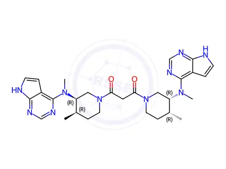 Chemical structure of 1,3-bis((3R,4R)-4-methyl-3-(methyl(7H-pyrrolo[2,3-d]pyrimidin-4-yl)amino)piperidin-1-yl)propane-1,3-dione