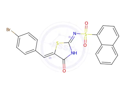 Chemical structure of (Z)-N-(5-(4-Bromobenzylidene)-4-oxo-4,5-dihydrothiazol-2-yl)naphthalene-1-sulfonamide