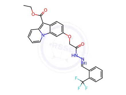 Chemical structure of Ethyl 3-({N'-[(1E)-[2-(trifluoromethyl)phenyl]methylidene]hydrazinecarbonyl}methoxy)pyrido[1,2-a]indole-10-carboxylate