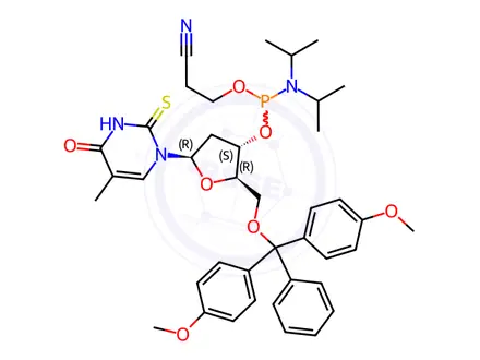Chemical structure of Thymidine, 5'-?O-?[bis(4-?methoxyphenyl)?phenylmethyl]?-?2-?thio-?, 3'-?[2-?cyanoethyl N,?N-?bis(1-?methylethyl)?phosphoramidite]