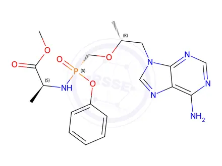 Chemical structure of (S)-methyl 2-(((S)-((((R)-1-(6-amino-9H-purin-9-yl)propan-2-yl)oxy)methyl)(phenoxy)phosphoryl)amino)propanoate