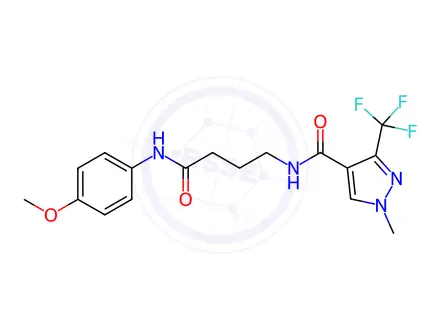 Chemical structure of N-(4-((4-methoxyphenyl)amino)-4-oxobutyl)-1-methyl-3-(trifluoromethyl)-1H-pyrazole-4-carboxamide