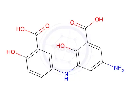 Chemical structure of 5-amino-3-((3-carboxy-4-hydroxyphenyl)amino)-2-hydroxybenzoic acid