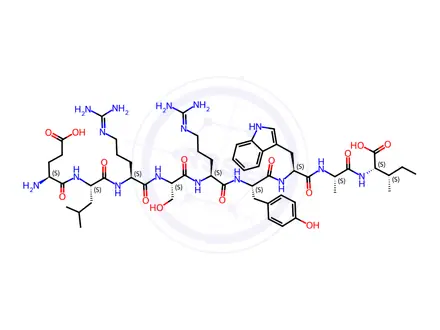 Chemical structure of (2S,5S,8S,11S,14S,17S,20S,23S,26S)-8-((1H-Indol-3-yl)methyl)-26-amino-2-((S)-sec-butyl)-14,20-bis(3-guanidinopropyl)-11-(4-hydroxybenzyl)-17-(hydroxymethyl)-23-isobutyl-5-methyl-4,7,10,13,16,19,22,25-octaoxo-3,6,9,12,15,18,21,24-octaazanonacosanedioic Acid