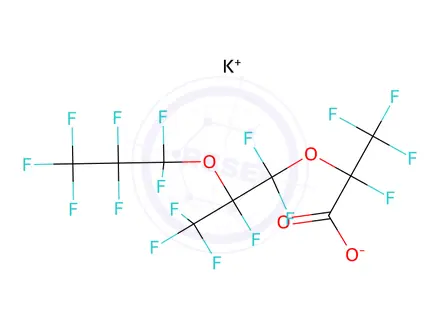 Chemical structure of Propanoic acid, 2,3,3,3-tetrafluoro-2-[1,1,2,3,3,3-hexafluoro-2-(1,1,2,2,3,3,3-heptafluoropropoxy)propoxy]-, potassium salt