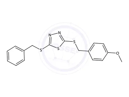 Chemical structure of 2-(Benzylthio)-5-((4-methoxybenzyl)thio)-1,3,4-thiadiazole