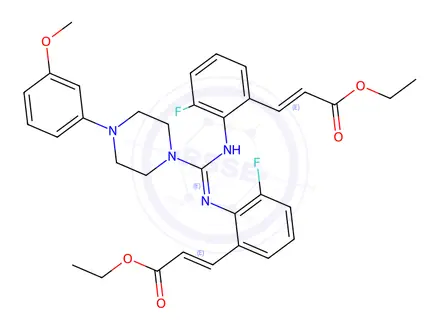 Chemical structure of Ethyl (E)-3-(2-((E)-N'-(2-((E)-3-ethoxy-3-oxoprop-1-en-1-yl)-6-fluorophenyl)-4-(3-methoxyphenyl)piperazine-1-carboximidamido)-3-fluorophenyl)acrylate