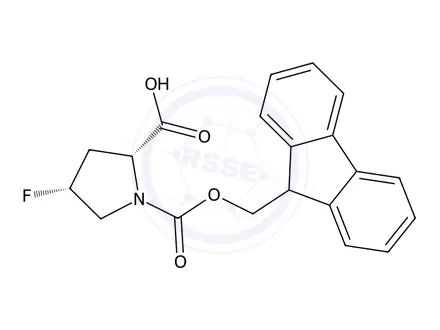 Chemical structure of (2R,4R)-1-(((9H-fluoren-9-yl)methoxy)carbonyl)-4-fluoropyrrolidine-2-carboxylic acid