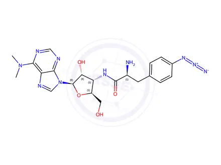 Chemical structure of (S)-2-Amino-3-(4-azidophenyl)-N-((2S,3S,4R,5R)-5-(6-(dimethylamino)-9H-purin-9-yl)-4-hydroxy-2-(hydroxymethyl)tetrahydrofuran-3-yl)propanamide