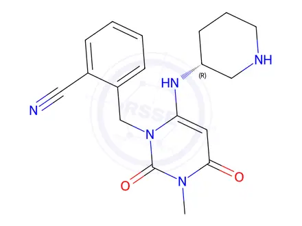 Chemical structure of (R)-2-((3-Methyl-2,4-dioxo-6-(piperidin-3-ylamino)-3,4-dihydropyrimidin-1(2H)-yl)methyl)benzonitrile