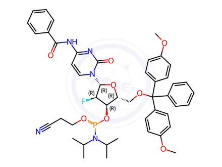 Chemical structure of 2'-Fluoro-N4-benzoyl-5'-O-DMT-2'-deoxycytidine-3'-ce-phosphoramidite