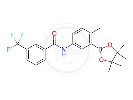 Chemical structure of N-(4-methyl-3-(4,4,5,5-tetramethyl-1,3,2-dioxaborolan-2-yl)phenyl)-3-(trifluoromethyl)benzamide