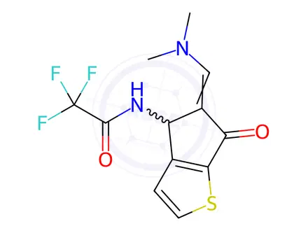 Chemical structure of N-{5-[(dimethylamino)methylidene]-6-oxo-4H,5H,6H-cyclopenta[b]thiophen-4-yl}-2,2,2-trifluoroacetamide