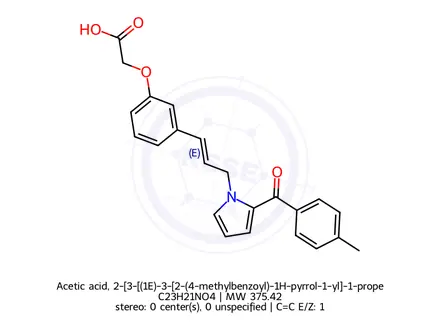Chemical structure of Acetic acid, 2-[3-[(1E)-3-[2-(4-methylbenzoyl)-1H-pyrrol-1-yl]-1-propen-1-yl]phenoxy]-