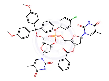 Chemical structure of 2'-O-benzoyl-P-(p-chlorophenyl)thymidylyl-(5'->3')-5'-O-(p,p'-dimethoxytrityl)thymidine