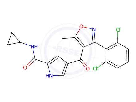 Chemical structure of N-cyclopropyl-4-(3-(2,6-dichlorophenyl)-5-methylisoxazole-4-carbonyl)-1H-pyrrole-2-carboxamide