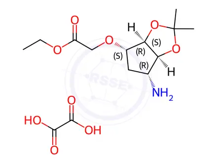 Chemical structure of Ethyl 2-(((3aR,4S,6R,6aS)-6-amino-2,2-dimethyltetrahydro-3aH-cyclopenta[d][1,3]dioxol-4-yl)oxy)acetate Oxalate