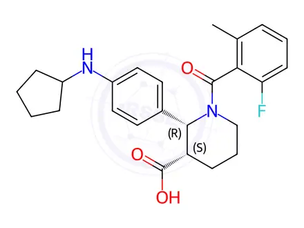 Chemical structure of (2R,3S)-2-(4-(cyclopentylamino)phenyl)-1-(2-fluoro-6-methylbenzoyl)piperidine-3-carboxylic acid