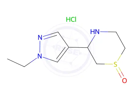 Chemical structure of 3-(1-ethyl-1H-pyrazol-4-yl)-1$l^{4},4-thiomorpholin-1-one hydrochloride