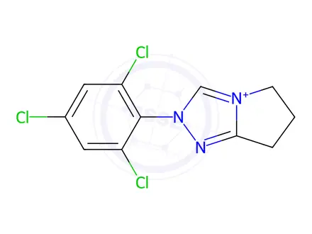 Chemical structure of 6,7-dihydro-2-(2,4,6-trichlorophenyl)-5H-Pyrrolo[2,1-c]-1,2,4-triazolium tetrafluoroborate