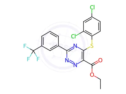 Chemical structure of Ethyl 5-[(2,4-dichlorophenyl)sulfanyl]-3-[3-(trifluoromethyl)phenyl]-1,2,4-triazine-6-carboxylate