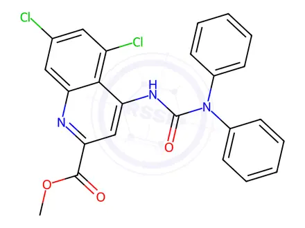 Chemical structure of (N,N-diphenyl)-4-ureido-5,7-dichloro-2-carboxy-quinoline methyl ester