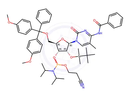 Chemical structure of Cytidine, N-benzoyl-5'-O-[bis(4-methoxyphenyl)phenylmethyl]-2'-O-[(1,1-dimethylethyl)dimethylsilyl]-5-methyl-, 3'-[2-cyanoethyl bis(1-methylethyl)phosphoramidite] (9CI)