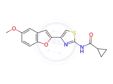 Chemical structure of N-(4-(5-Methoxybenzofuran-2-yl)thiazol-2-yl)cyclopropanecarboxamide