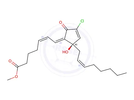 Chemical structure of (5Z,7Z,14Z)-10-Chloro-12-hydroxy-9-oxoprosta-5,7,10,14-tetren-1-oic acid methyl ester