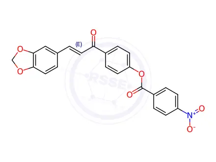 Chemical structure of 4-[(2E)-3-(2H-1,3-Benzodioxol-5-yl)prop-2-enoyl]phenyl 4-nitrobenzoate