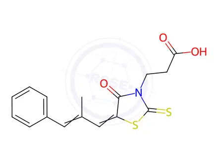 Chemical structure of 3-((E)-5-((E)-2-methyl-3-phenylallylidene)-4-oxo-2-thioxothiazolidin-3-yl)propanoic acid